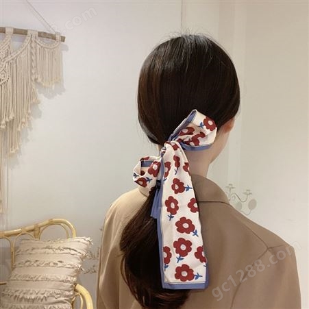 韩国新款印花甜美风飘带丝巾丝绸面料扎头发发带女外出装饰小领巾