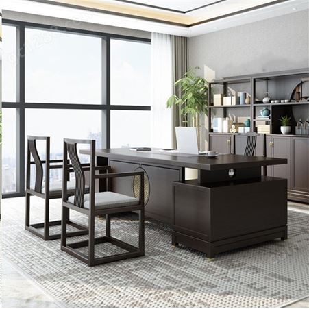 青岛办公家具厂家 实木办公整套家具 新中式老板办公桌椅组合