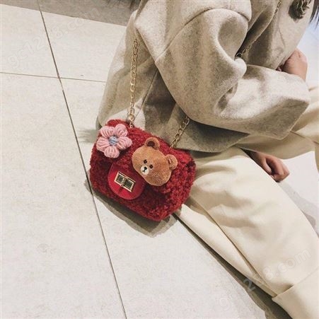 韩版儿童包包时尚冬季新款毛绒链条小包卡通小熊单肩斜跨包零钱包