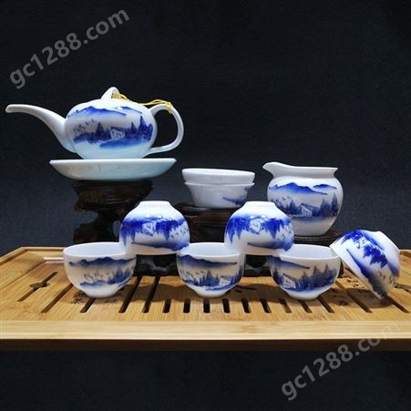 青花瓷手绘茶具套装 11头高白薄胎瓷功夫茶具礼品定制木盒出售 亮丽陶瓷