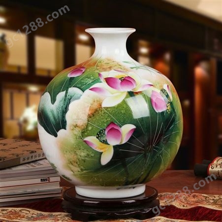 景德镇陶瓷花瓶 手绘粉彩荷韵石榴瓶 胡慧中名师作品收藏