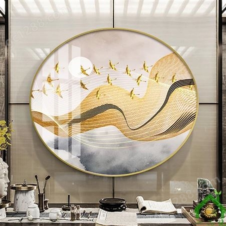 新中式水墨山水圆形晶瓷画沙发背景墙装饰画 佛山一品瓷
