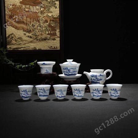 陶瓷羊脂玉茶具礼盒套装 青花瓷功夫茶具 家用办公茶碗定制礼品