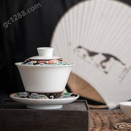 中式简约禅意陶瓷桌面泡茶碗 手绘茶具 手工装饰盖碗摆件礼物