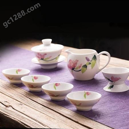 手绘三才盖碗茶杯 满堂春不烫手功夫茶具 粉色羊脂白玉瓷餐具