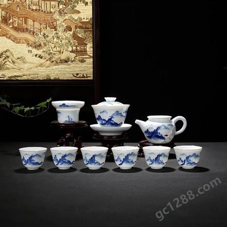 陶瓷羊脂玉茶具礼盒套装 青花瓷功夫茶具 家用办公茶碗定制礼品