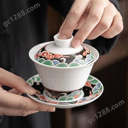 中式简约禅意陶瓷桌面泡茶碗 手绘茶具 手工装饰盖碗摆件礼物