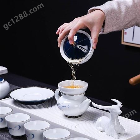 景德镇骨瓷描金茶具套装 带盖碗便携功夫茶具 家用办公室用喝茶杯公道杯