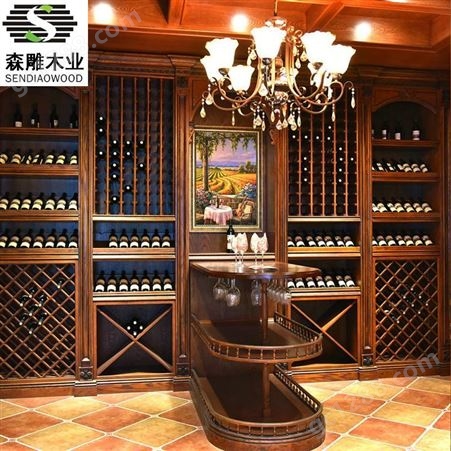森雕定制大型酒窖酒吧装饰架柚木实木酒柜家用葡萄酒展示架