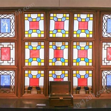 仿古门窗岭南满洲窗实木花格玻璃窗五彩玻璃花窗广东森雕厂家供应定制