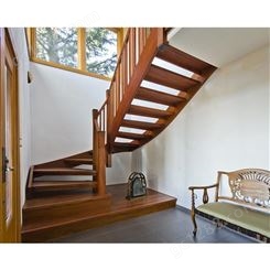 室内家用柚木复式实木楼梯 森雕木业厂家生产批发 折线式实木楼梯加工定制
