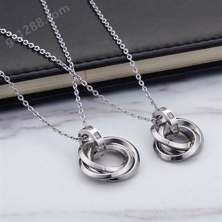 厂家韩版饰品批发 三环式 个性纯钢色配链 情侣钛钢项链