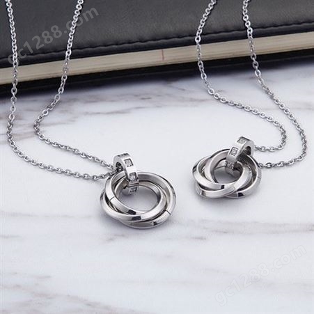 厂家韩版饰品批发 三环式 个性纯钢色配链 情侣钛钢项链